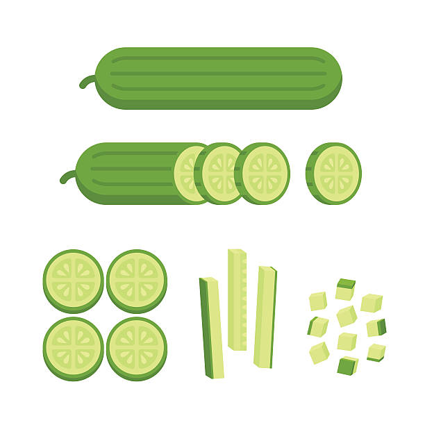 Carrot cuts illustration Fresh cucumber - sliced, cubed and cut in matchstick shape. Cooking illustration in modern flat vector style. cucumber slice stock illustrations