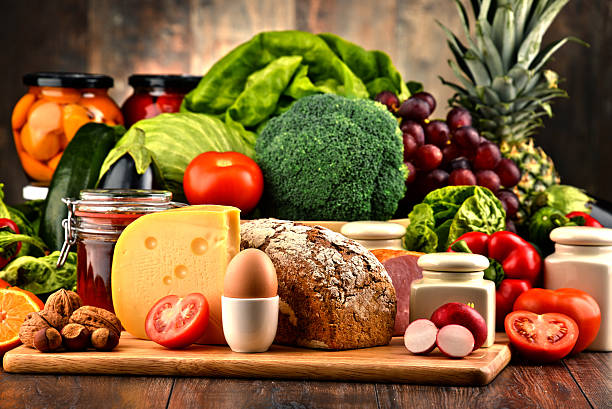 istock Organic food including vegetables fruit bread dairy and meat 506552180