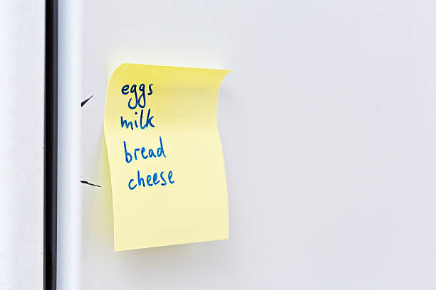 istock Basic food shopping list reminder note on fridge door 506553570
