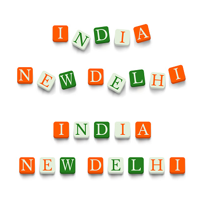 India, New Delhi with colorful blocks isolated on a white background. National flags colors typography banner poster design. Indian Republic Day celebration