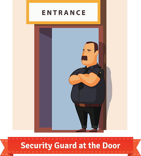 ilustraciones, imágenes clip art, dibujos animados e iconos de stock de guardia de seguridad o portero de trabajo en la puerta - security staff security guard bouncer security system