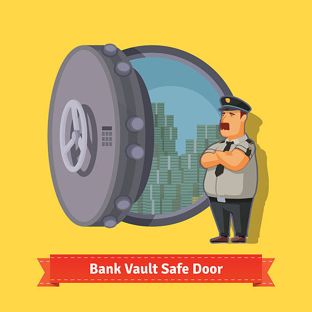 bildbanksillustrationer, clip art samt tecknat material och ikoner med bank vault room safe door with a officer guard - kassaskåp och valv