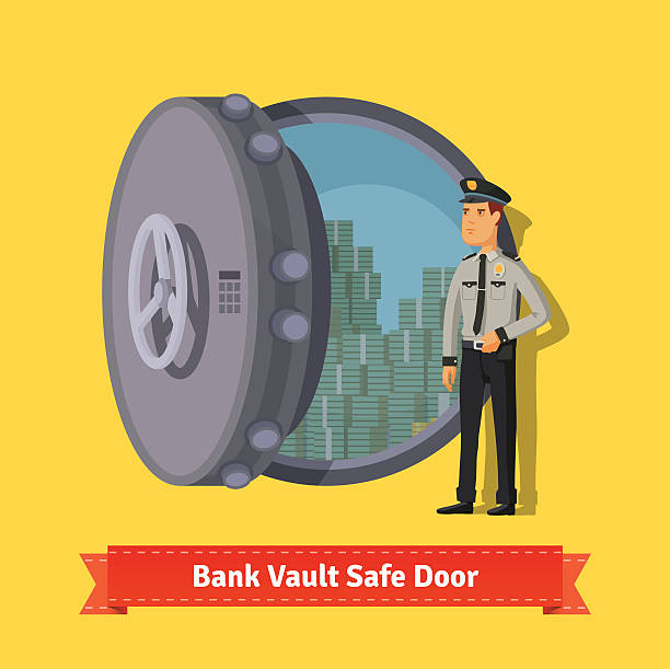 Bank vault room safe door with a officer guard Bank vault room safe door with a officer guard. Opened with money inside. Flat style isometric illustration. EPS 10 vector. safes and vaults stock illustrations
