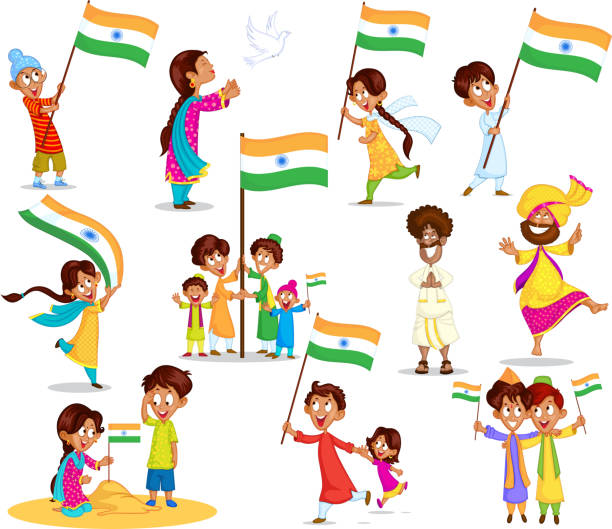 ilustrações, clipart, desenhos animados e ícones de indian criança com bandeira da índia - islam child indian culture ethnic