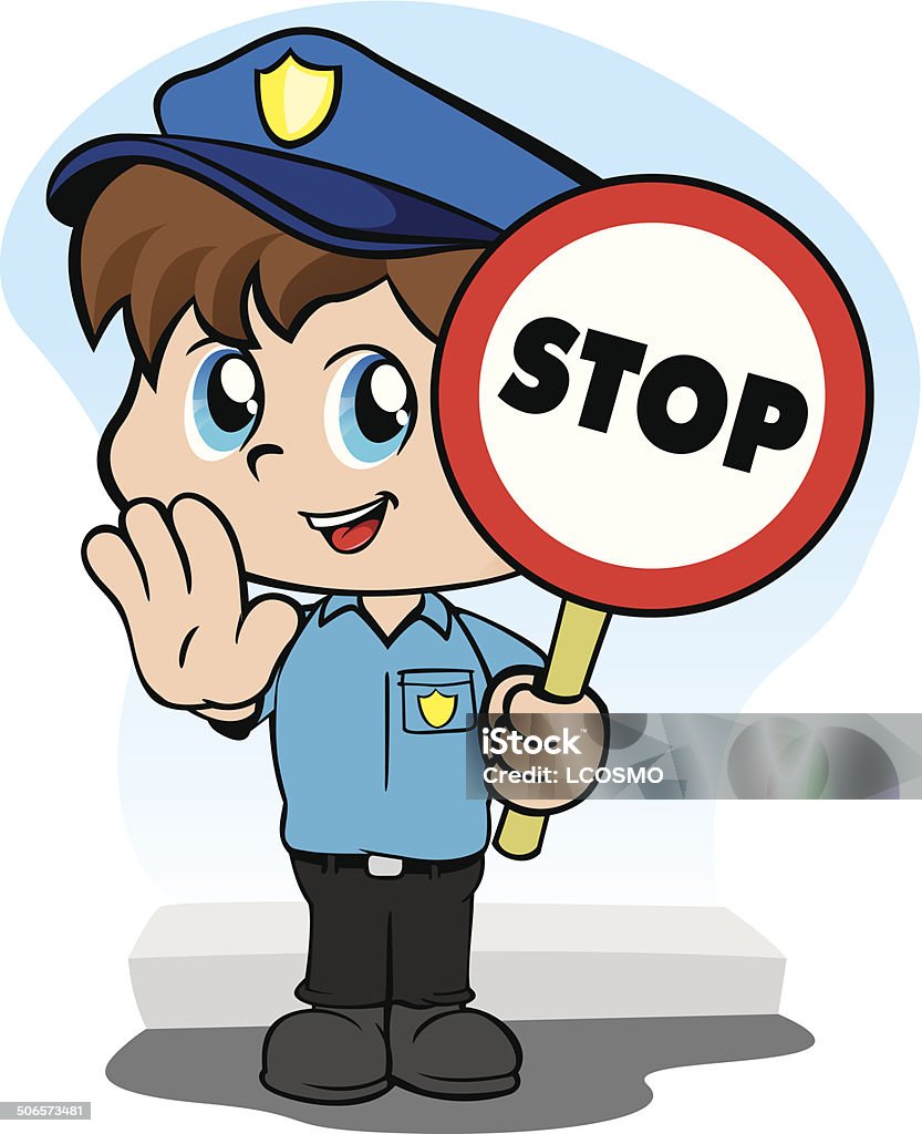 Child with police uniform and a sign asking to stop Illustration representing a child police uniform with a sign signaling to stop Baby - Human Age stock vector