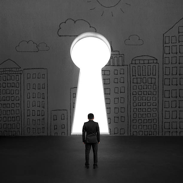 istock Standing in front of key shape hole with city doodles 506573521