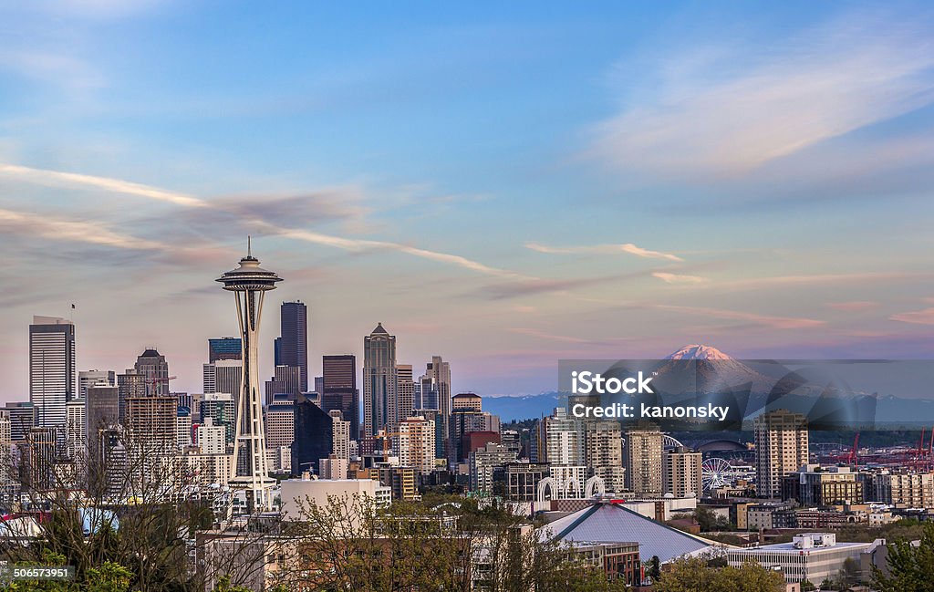 Seattle downtown skyline and Mt. Rainier at sunset WA Seattle downtown skyline and Mt. Rainier at sunset. WA from Kerry park. Seattle Stock Photo