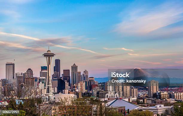 Seattle Downtown Skyline And Mt Rainier At Sunset Wa Stock Photo - Download Image Now