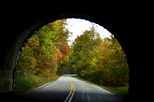 tunnel, mountains, daylight, fall, trees,