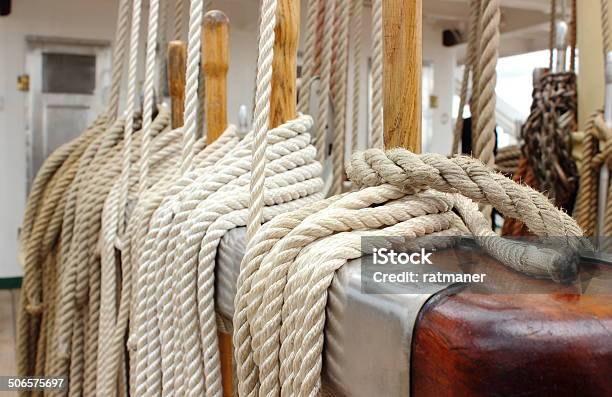 Closeup Of Thick Ropes On Sailboat Stock Photo - Download Image Now - Boat Deck, Close-up, Equipment