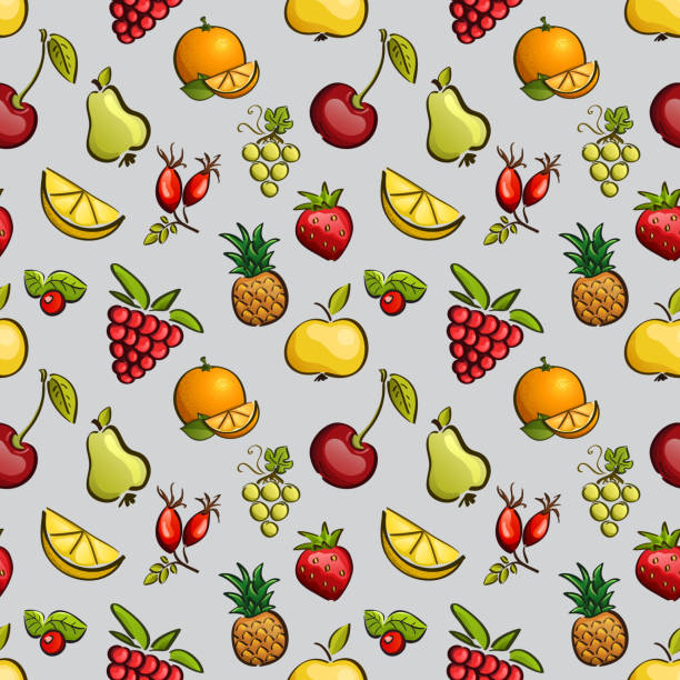 вектор бесшовные узор мозаики-фрукты и ягоды. - strawberry vine pattern plant stock illustrations