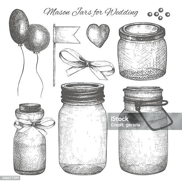 Vintage Decorative Glass Canning Jars And Wedding Design Elements Stock Illustration - Download Image Now