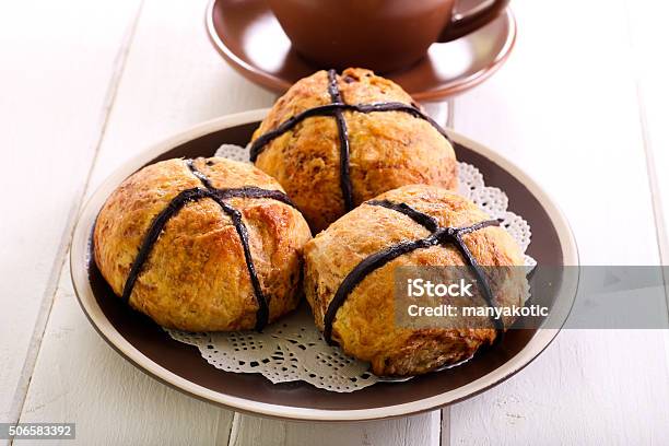 Chocolate Hot Cross Buns On Plate Stock Photo - Download Image Now - Appetizer, Baked Pastry Item, Baking