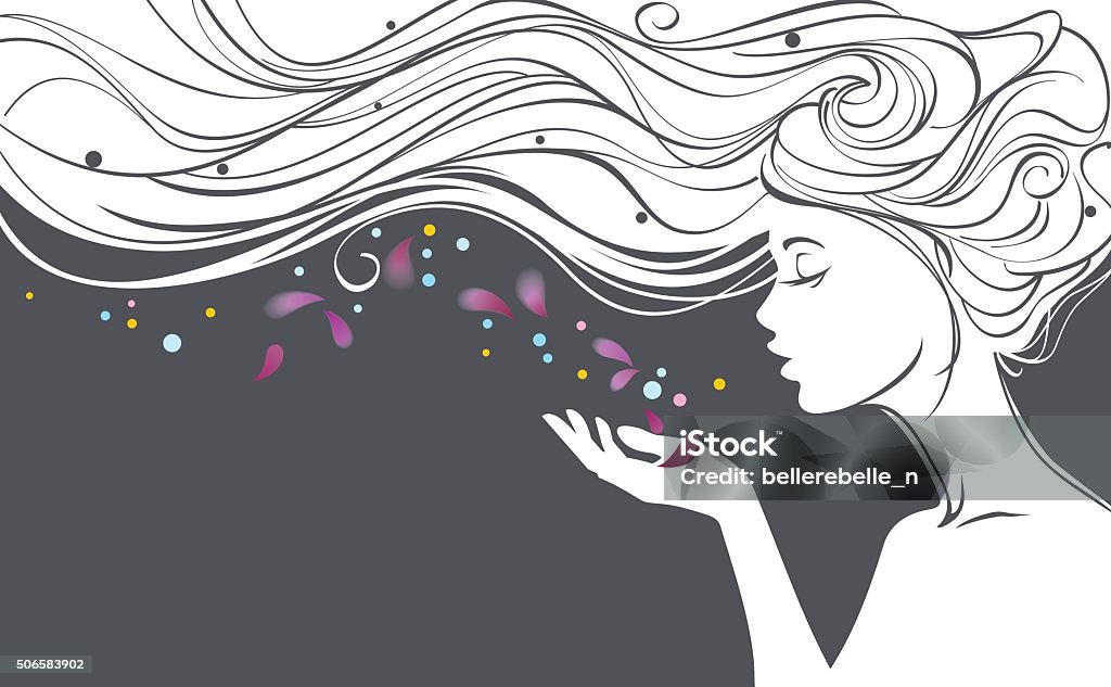 Girl with flower petals Vector illustration with beautiful  long hair girl blows away flower petals from her palmVector illustration with beautiful  long hair girl blows away flower petals from her palm Long Hair stock vector