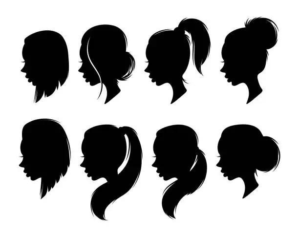 Vector illustration of Set of female elegant silhouettes with different hairstyles for design