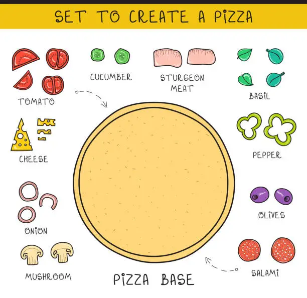 Vector illustration of Doodle set of ingredients to build  pizza. Template pizza