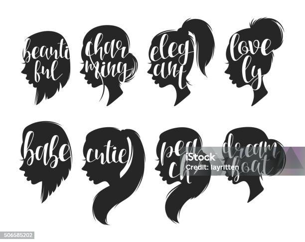 Ensemble De Femmes Élégantes Silhouettes Différentes Coiffures Et Œuvres De Calligraphie Vecteurs libres de droits et plus d'images vectorielles de Silhouette - Contre-jour