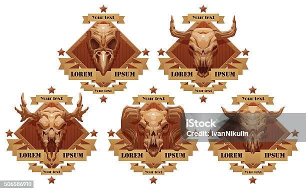 Set Of Emblems With Animals Skulls Stock Illustration - Download Image Now - Cattle, Cow, Dead Animal