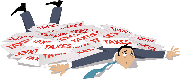 Man, knocked down and buried under a pile of taxes, EPS 8 vector illustration, no transparencies