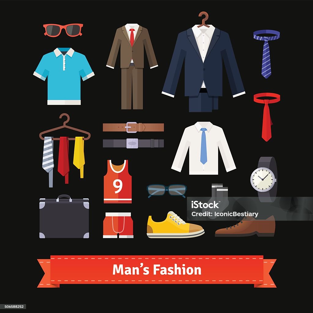 Men fashion colourful flat icon set Men fashion colourful flat icon set. Apparel, suits, shirts, shoes and accessories. Retail store assortment. EPS 10 vector. Coathanger stock vector