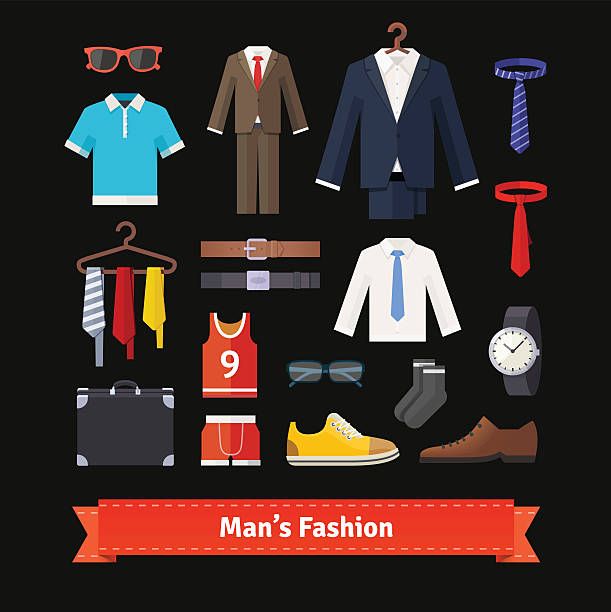 Men fashion colourful flat icon set Men fashion colourful flat icon set. Apparel, suits, shirts, shoes and accessories. Retail store assortment. EPS 10 vector. mens fashion stock illustrations