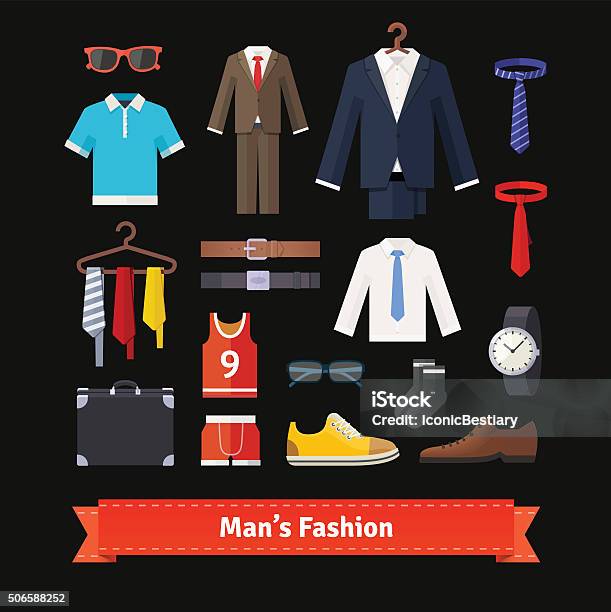 Men Fashion Colourful Flat Icon Set Stock Illustration - Download Image Now - Coathanger, Belt, Suit