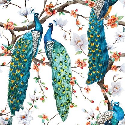 Beautiful vector pattern Watercolor raster peacock pattern