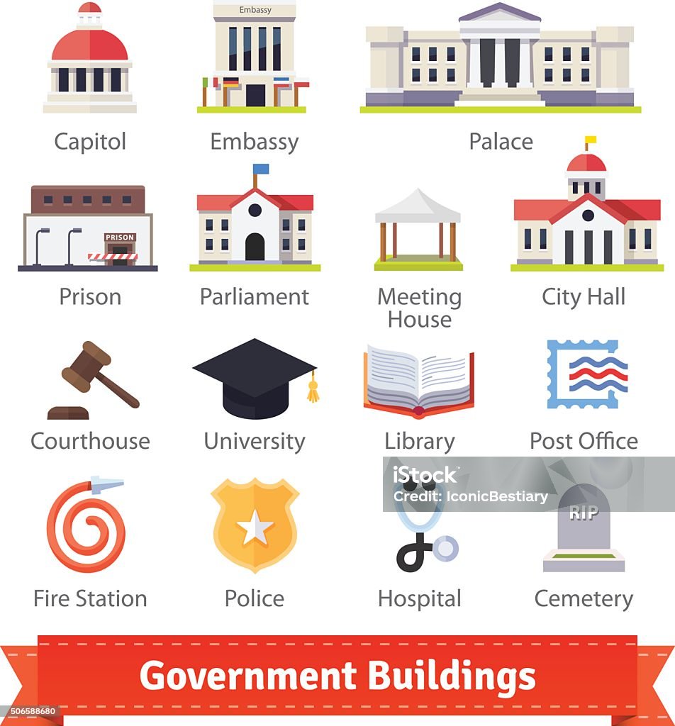 Government buildings colourful flat icon set Government buildings colourful flat icon set. For use with maps and internet services interfaces. EPS 10 vector. State Capitol Building stock vector