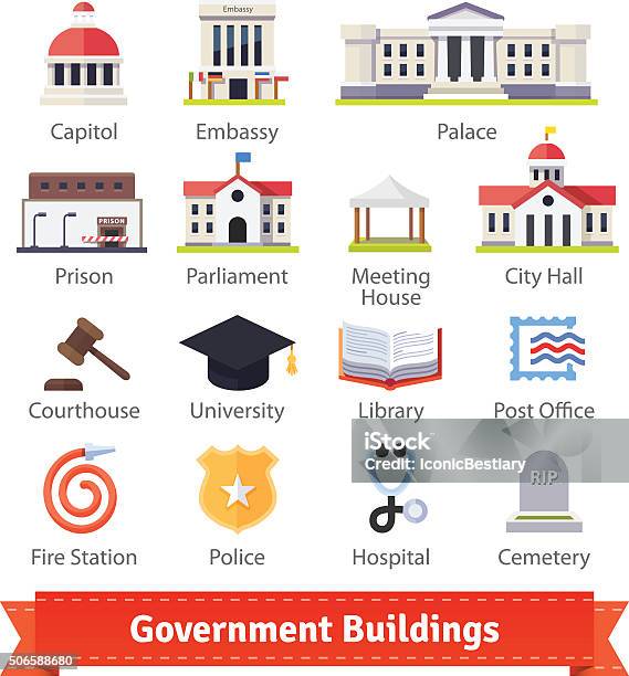 Government Buildings Colourful Flat Icon Set Stock Illustration - Download Image Now - State Capitol Building, Map, Vector