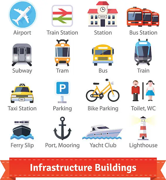 Vector illustration of Infrastructure buildings flat icon set