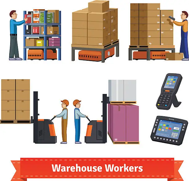 Vector illustration of Warehouse operations, workers and robots