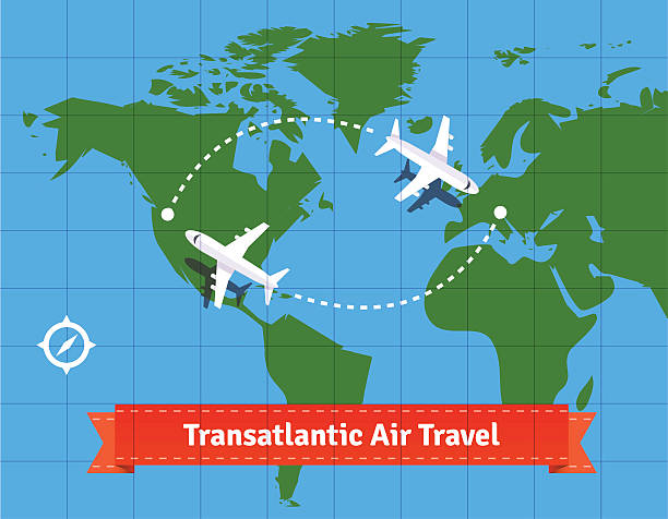 Transatlantic jet plane travel concept Transatlantic jet plane travel concept. EPS 10 vector. airplane silhouette commercial airplane shipping stock illustrations