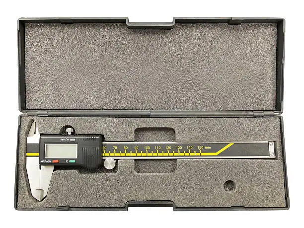 Digital calliper in black plastic box isolated on white background