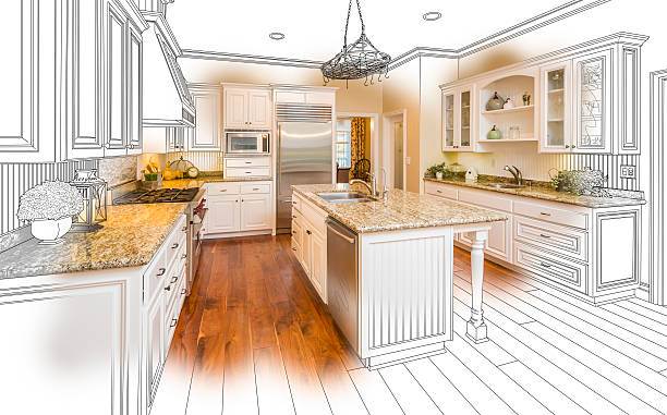 individuelle küche design zeichnen und gebürstetem foto-kombination - blueprint plan house home improvement stock-fotos und bilder