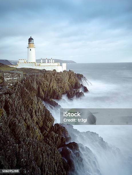 Long Exposure Storm Sea Lighthouse Cliffs Stock Photo - Download Image Now - Isle of Man, Storm, Atlantic Ocean