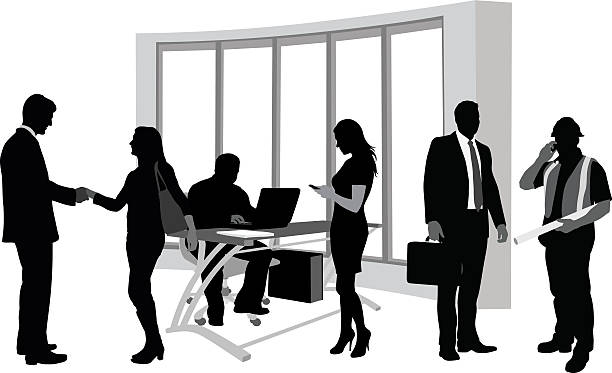 Office Activity A vector silhouette illustration of a busy office with several people going about their business including a young man and woman greeting shaking hands, a man working at a desk computer, a young woman using her cell phone, a business man standing with a briefcase, and a construction worker talking on the phone holding plans. blueprint silhouettes stock illustrations
