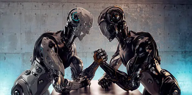 Two different robotic models in arm wrestling duel. 3d render