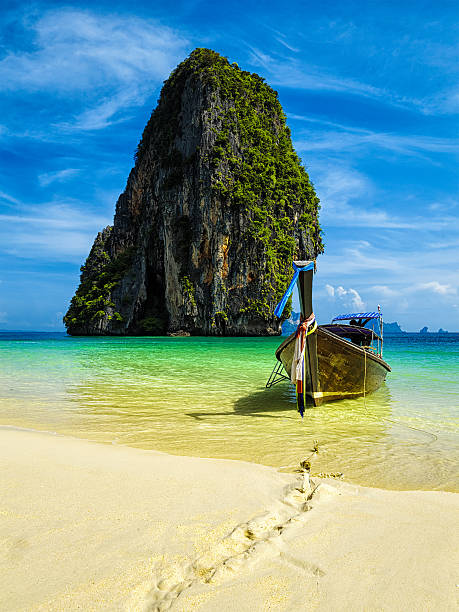 Long tail boat on tropical beach with limestone rock, Krabi, Thailand