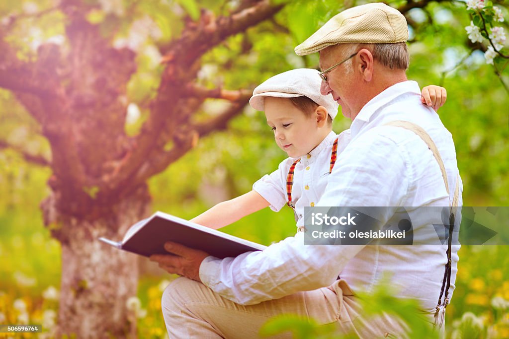 grandfather with grandson reading book in spring garden Multi-Generation Family Stock Photo