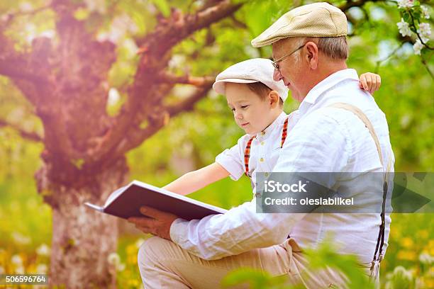 Grandfather With Grandson Reading Book In Spring Garden Stock Photo - Download Image Now