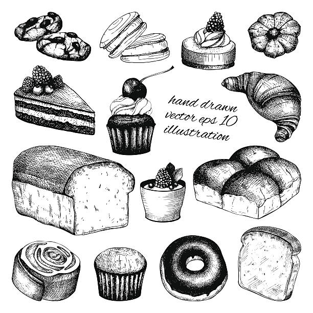Vector collection of ink hand drawn vintage breads and pastries Vector collection of ink hand drawn vintage breads and pastries illustration isolated on white background for restaurant or bakery menu. biscuit quick bread stock illustrations