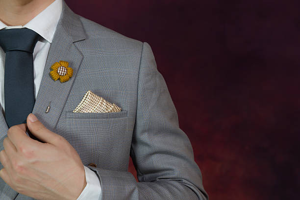 textura gris traje a cuadros, corbata, broche, pañuelo - lapel suit jacket necktie fotografías e imágenes de stock