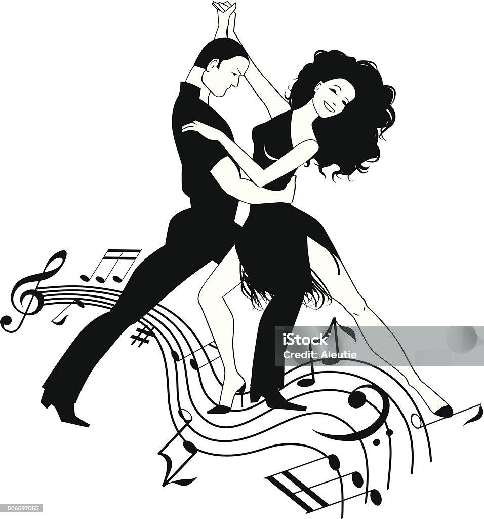 Latin dance clipart Couple dancing Latin on a swirly musical design, black and white clip art Dancing stock vector