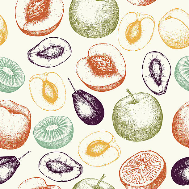 illustrazioni stock, clip art, cartoni animati e icone di tendenza di vintage sfondo di frutta in cucina vegetariana isolato su bianco - peach fruit portion orange