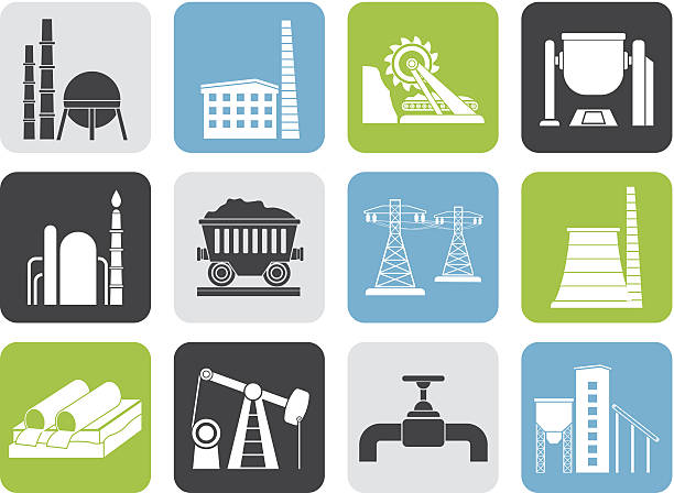 ilustraciones, imágenes clip art, dibujos animados e iconos de stock de silueta de iconos de industria pesada - mining pipeline metallurgy oil industry