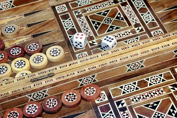 Backgammon game with two dice, with space for text or image.