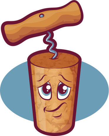 Cartoon cork with a wine key stuck in his head. EPS 10 format with transparencies.