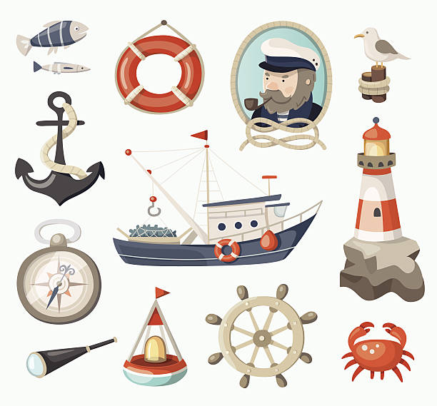 zestaw elementów połowów - fishing industry fishing nautical vessel buoy stock illustrations
