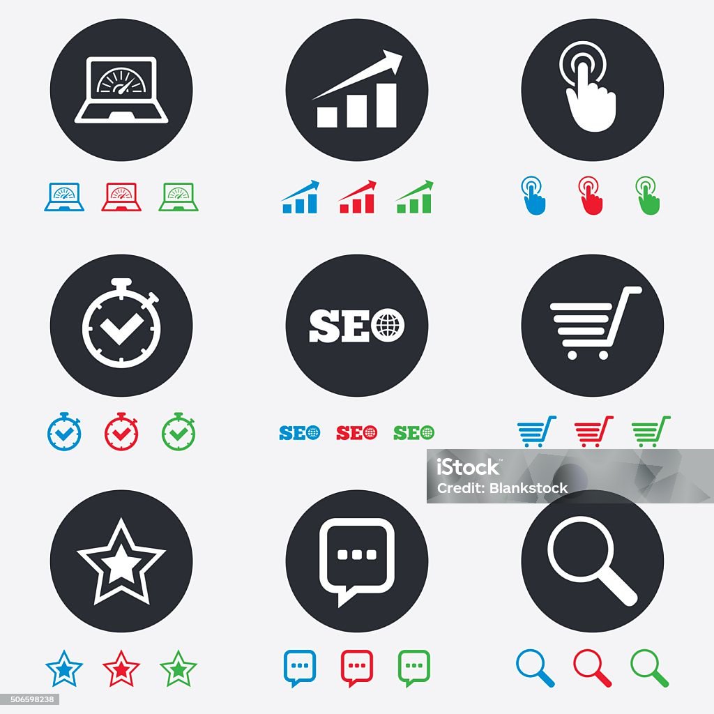 Internet, seo icons. Online shopping, charts. Internet, seo icons. Online shopping, charts and speed signs. Chat messages symbol. Flat circle buttons with icons. Blogging stock vector