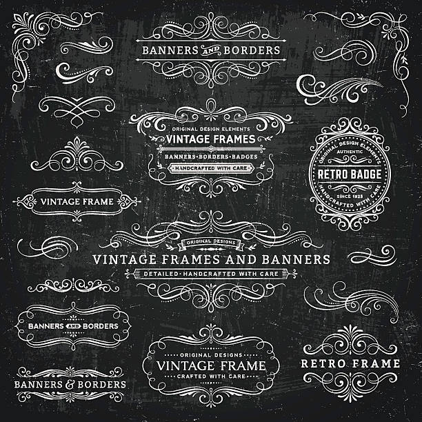Chalkboard Vintage Frames, Banners and Badges Retro badges,frames and banners over chalkboard background.EPS 10 file.File is layered and global colors used.More works like this linked below. calligraphy illustrations stock illustrations